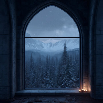 Arched castle window view of snowy winter forest and mountains at night with candles