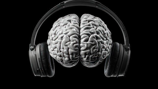 Human brain wearing headphones