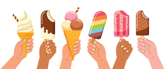 Set of hands eating white ice cream bar on stick, cute fingers holding brown sweet treat, dairy dessert vector illustration perfect for summer, food apps, websites and vector graphics.