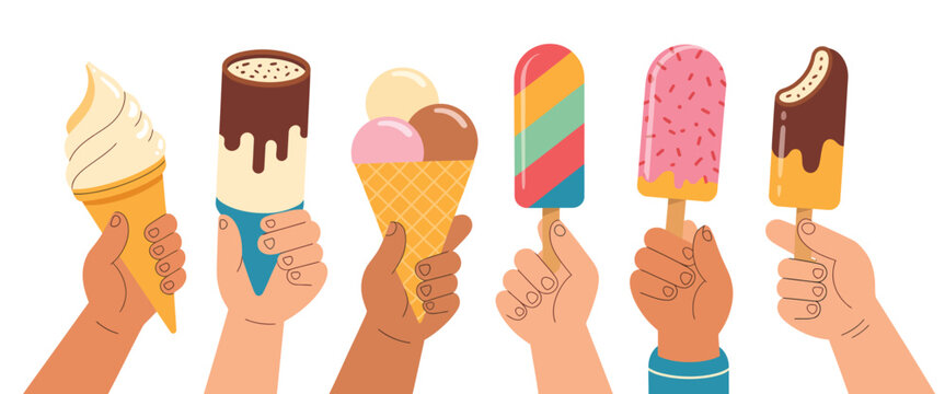 Set of hands holding white ice cream bar on wooden stick, fingers grasping brown tasty snack, sweet dairy summer dessert, cartoon vector illustration for food, apps, websites and menu graphics.