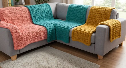 リビングのL字型ソファに鮮やかな手編みブランケットが並び明るい自然光が心地よい空間を優しく照らす. AI Generated