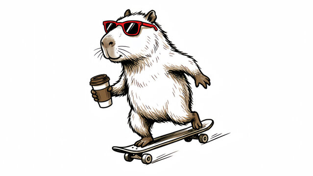 Cool capybara sporting red sunglasses rides a skateboard while confidently holding a takeaway coffee cup in this fun illustration