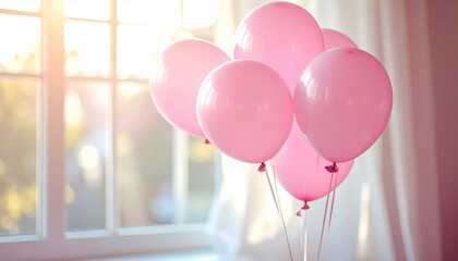Bunch of pink balloons in front of window with the sun shining.