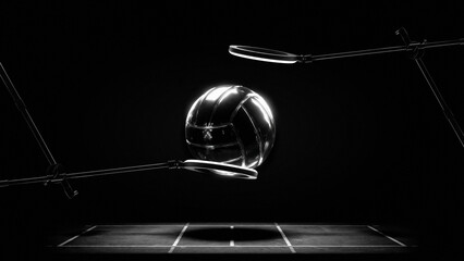 Futuristic glass volleyball hovering above court in black and white lights. Concept of sport technology, smart equipment, innovation labs, premium sport branding, digital artwork transformation.