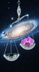 Sparkling Libra scales with purple orchid against galaxy backdrop, representing balance, zodiac sign, and astrological concept, with decorative shine