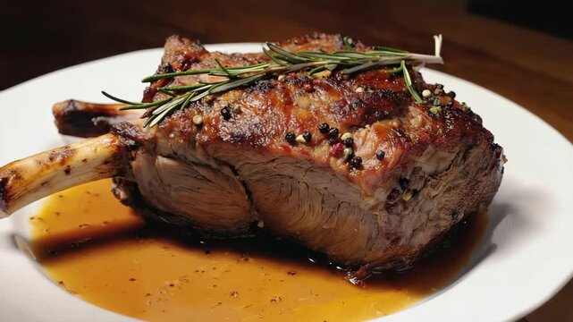 A roasted lamb chop garnished with rosemary on a white plate. The dish is served with a rich sauce, perfect for Easter celebrations and traditional meals.