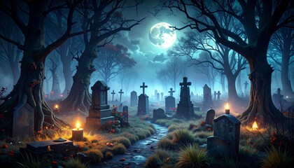 Haunted Graveyard Scene in Death Forest on Halloween Night
