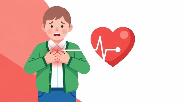 Young man experiencing heart pain or discomfort with a heart symbol. - Powered by Adobe