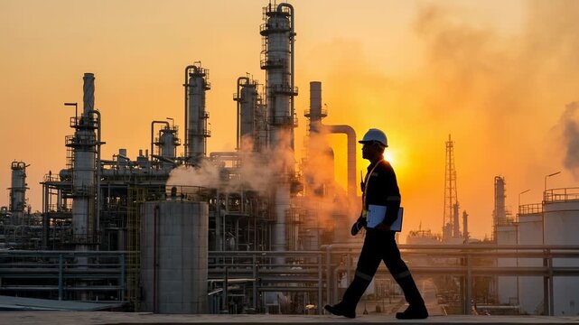 Oil refinery industrial plant energy engineer safety helmet sunset silhouette steam pipelines petrochemical industrial refinery oil plant engineer