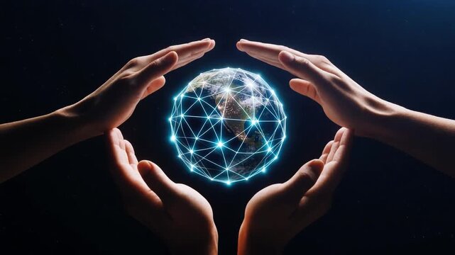 Both hands forming a protective cup around a glowing Earth made of energy lines in a dark space environment, 4K.