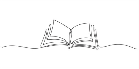 Opened book with flying page and stars in one continuous line drawing, symbolizing magic of reading, Continuous one line drawing of book opening vector graphic illustration. Education books line art © Abir