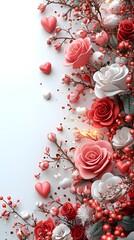 Romantic 3D red and pink roses with hearts and gold berries border on a white background, perfect for Valentine's Day cards.