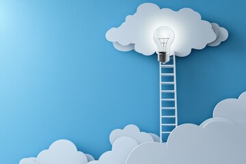 Cloud ladder with light bulb symbolizing idea and creativity on blue background, concept of innovation and inspiration with bright energy shining