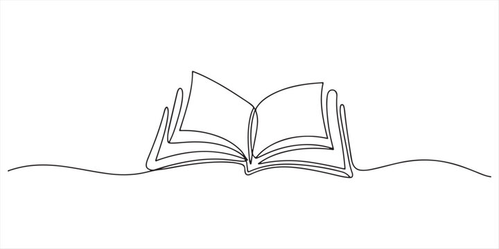 Opened book with flying page and stars in one continuous line drawing, symbolizing magic of reading, Continuous one line drawing of book opening vector graphic illustration. Education books line art