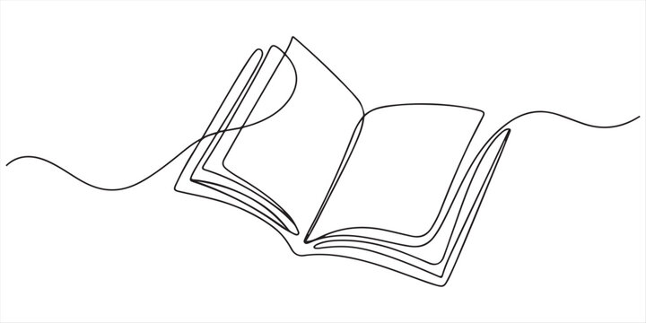 Opened book with flying page and stars in one continuous line drawing, symbolizing magic of reading, Continuous one line drawing of book opening vector graphic illustration. Education books line art