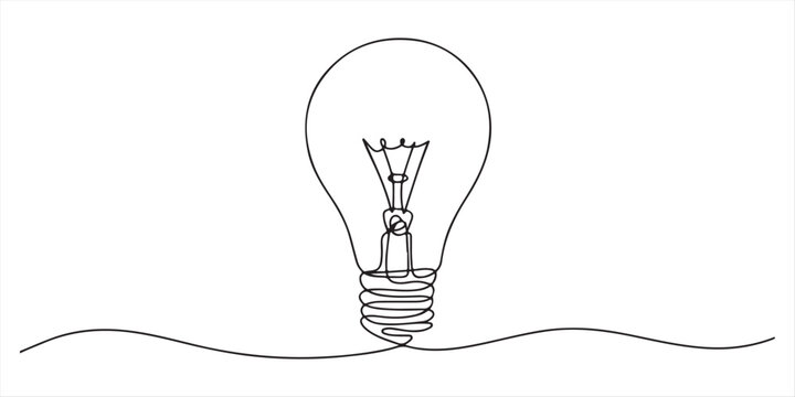Continuous one line drawing of electric light bulb, Lightbulb in simple linear style. Idea, brainstorm concept. Drawing of an electric light bulb with continuous line, Light bulb one continuous.