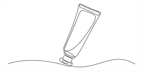 Obraz premium Continuous one single line drawing tube of cream. moisture Sunscreen icon vector illustration concept, Continuous one line drawing of cosmetics bottle packaging set. Cosmetic bottles single line.