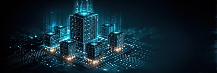 Digital server network with glowing data flowing in a deep tech environment