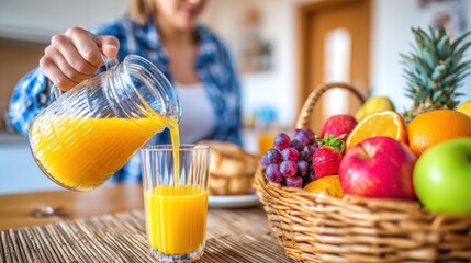 Pouring fresh juice into a glass next to a fruit basket at breakfast time