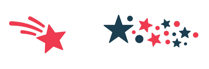 Fototapeta premium Shooting stars design for american independence day banner and poster greetings, red and blue star fireworks celebrating usa 4th of july, vector illustration for festive patriotic decorations.