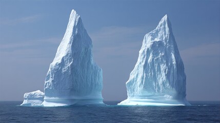 Icebergs rise from the ocean under a blue sky on a clear day near Greenland