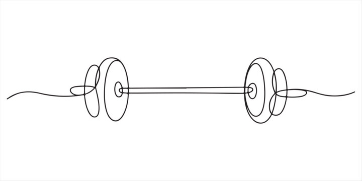 Barbell continuous line. Continuous one line drawing barbell for exercise. Gym, fitness concept. Single line drawing, Continuous one line drawing of Dumbbell - Barbell gym equipment, Drawing