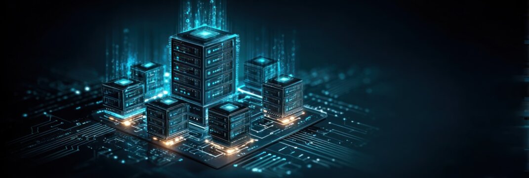 Digital server network with glowing data flowing in a deep tech environment