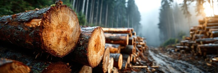 Logs are stacked along a forest path in the early morning light near tall trees