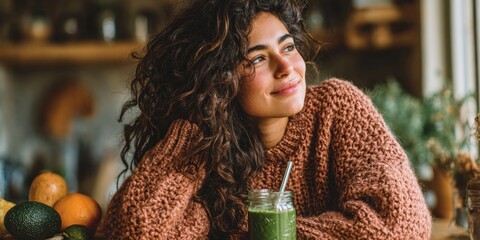 Woman enjoys green smoothie at a cafe while sitting inside during a sunny afternoon