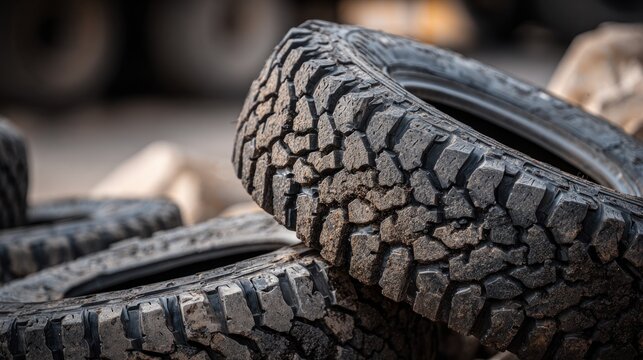 Used tires stacked at a vehicle repair shop in a busy urban area during the afternoon
