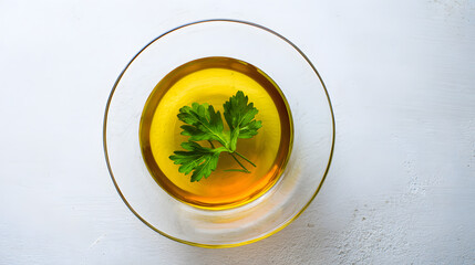 probity. A single bowl of golden consomme with a delicate herb leaf, minimalist and pure. menu design, packaging mockups, designed for food delivery and cloud-kitchen brand materials.