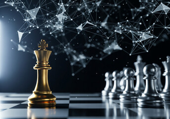 Strategic leadership and artificial intelligence concept with golden chess piece.