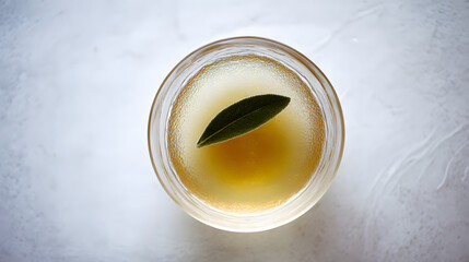 probity. A single bowl of golden consomme with a delicate herb leaf, minimalist and pure. menu design, packaging mockups, designed for food delivery and cloud-kitchen brand materials.