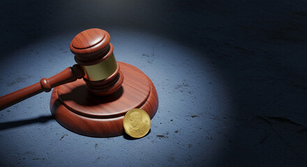 Wooden gavel and gold coin on textured surface, representing justice, law, legality, or judgement, suitable for legal, financial or governmental concepts