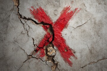 Cracked Concrete Wall with Large Red Spray Painted X Mark