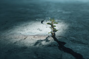 Small Green sprout Growing from Crack in Concrete Pavement