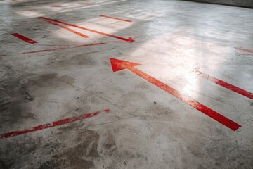 Concrete Floor with Red Spray Painted Arrows and Lines