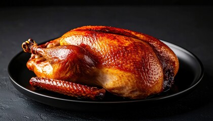 Roasted turkey on black plate with knife in the middle roasting turkey.