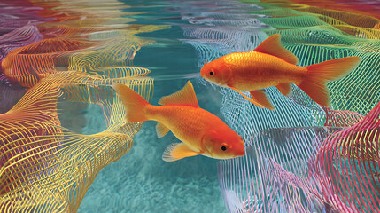 Two orange goldfish swimming in water with colorful abstract background and wavy lines