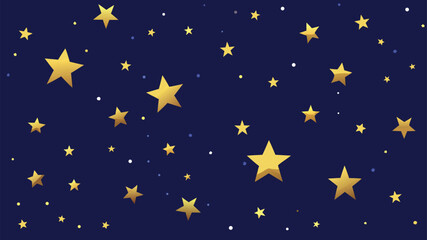 Seamless gold star pattern on dark blue night sky background, flat vector celestial illustration