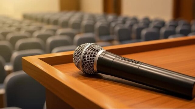 Microphone on podium in empty auditorium evoking anticipation for upcoming speech or event