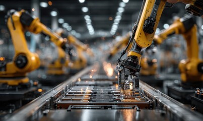 Robotic arms working with electric car battery, industrial assembly line for assembling electric vehicle batteries