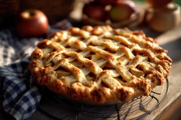 Delicious Homemade Apple Pie with Lattice Crust on Rustic Table.