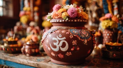 Auspicious Hindu Kalash with Flowers - Symbol of Prosperity and Divinity.