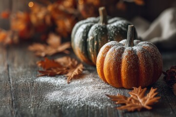 Autumn Harvest Pumpkins Covered in Frost on Rustic Wooden Table.