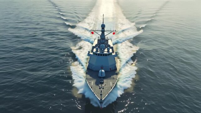 Cinematic wide-angle shot modern military naval warships sailing perfect formation across cold open sea, neutral design with no flags or insignia, powerful symmetrical composition, low-angle camera
