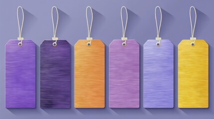 Colorful Blank Price Tags with Strings and Shadows on a Purple Background.