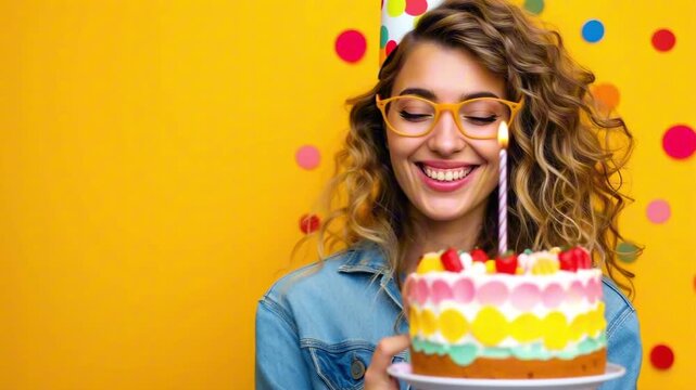 Young woman with curly hair and glasses joyfully holds a colorful birthday cake adorned with candles, preparing to celebrate with a cheerful expression and vibrant background