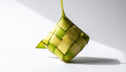 Green leaf with long stem on it end on white surface with.