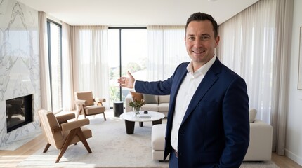 Caucasian man in blue suit smiling and gesturing to present modern luxury living room interior. Real estate business and property selling success banner with copy space